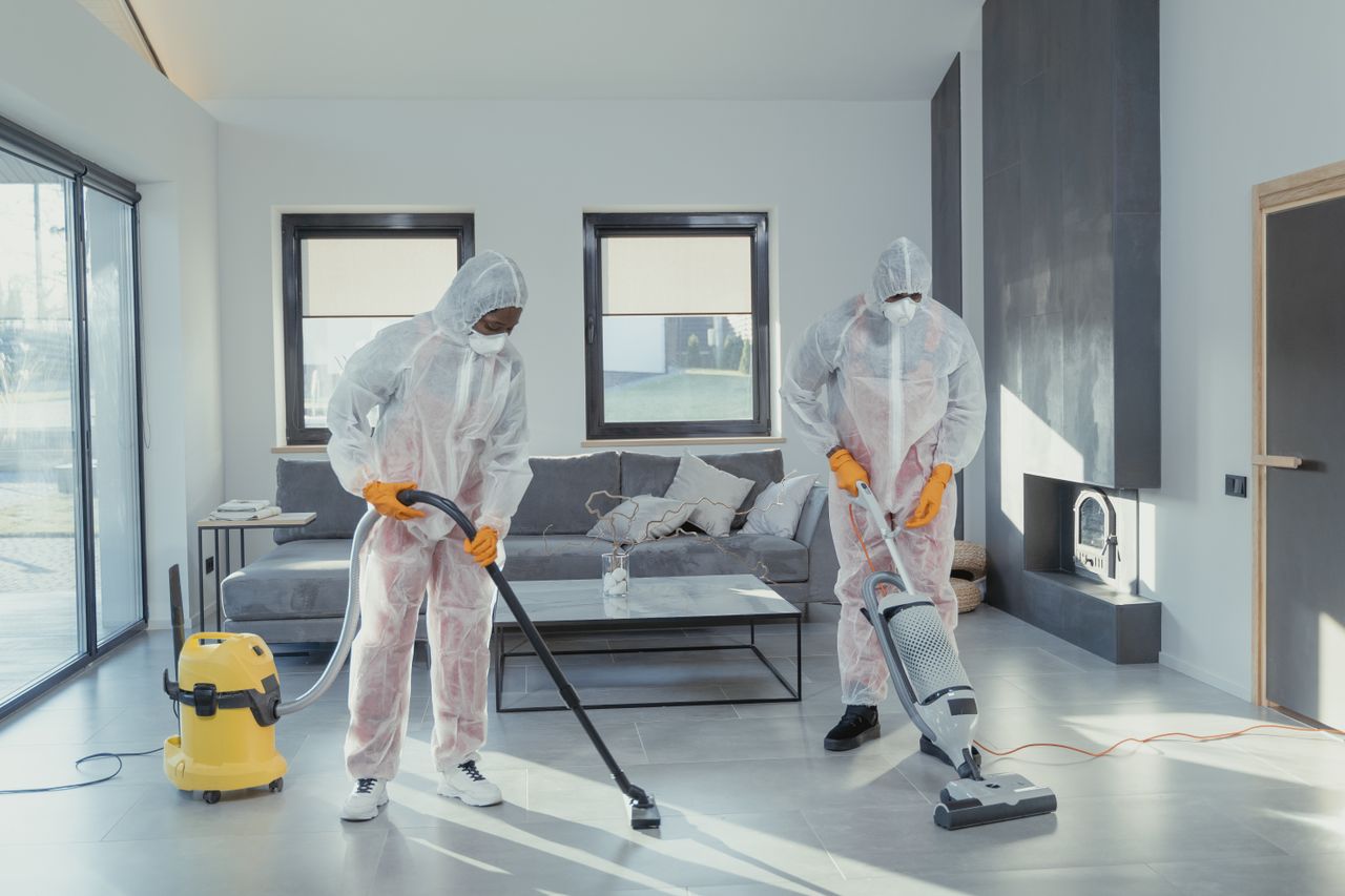 services-02 Two workers in protective gear vacuum and disinfect a modern living room.